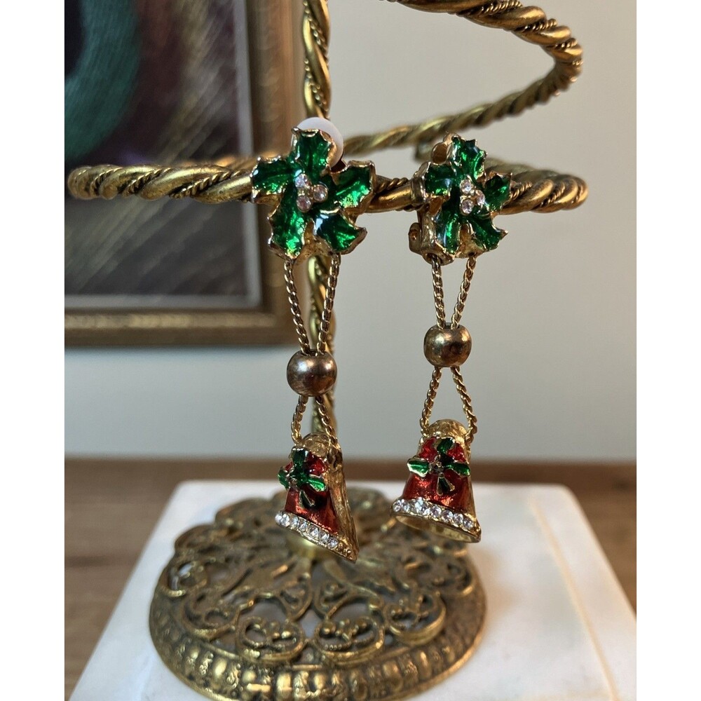 VTG Enamel Rhinestone Mistletoe Holly Holiday Christmas Dangle Clip On Earrings